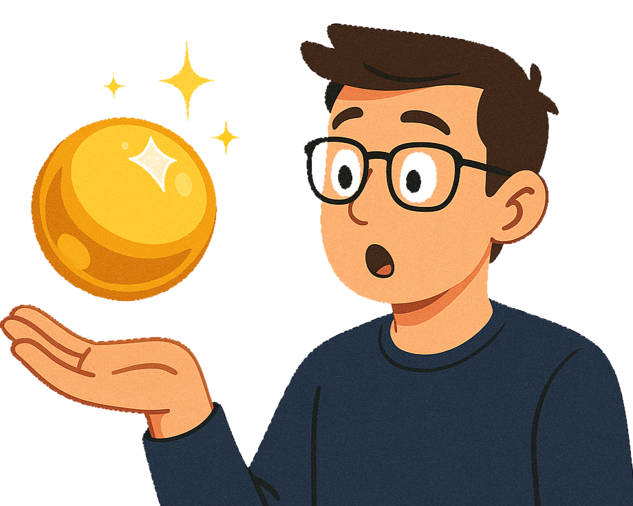 A surprised developer holding a glowing golden orb